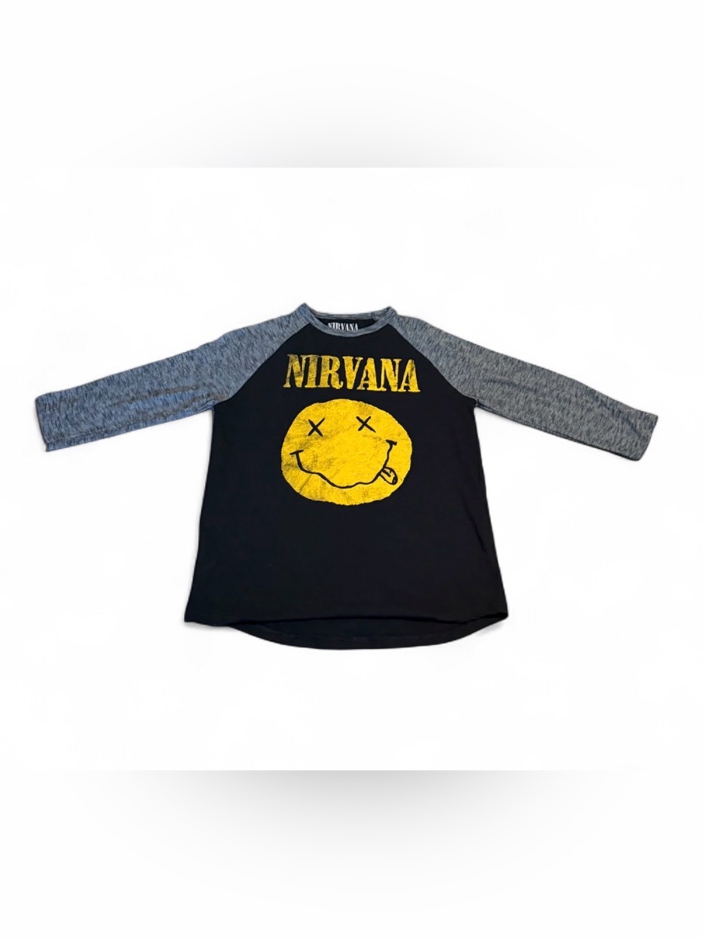 NIRVANA Black and Gray Raglan Tee with Yellow Smiley